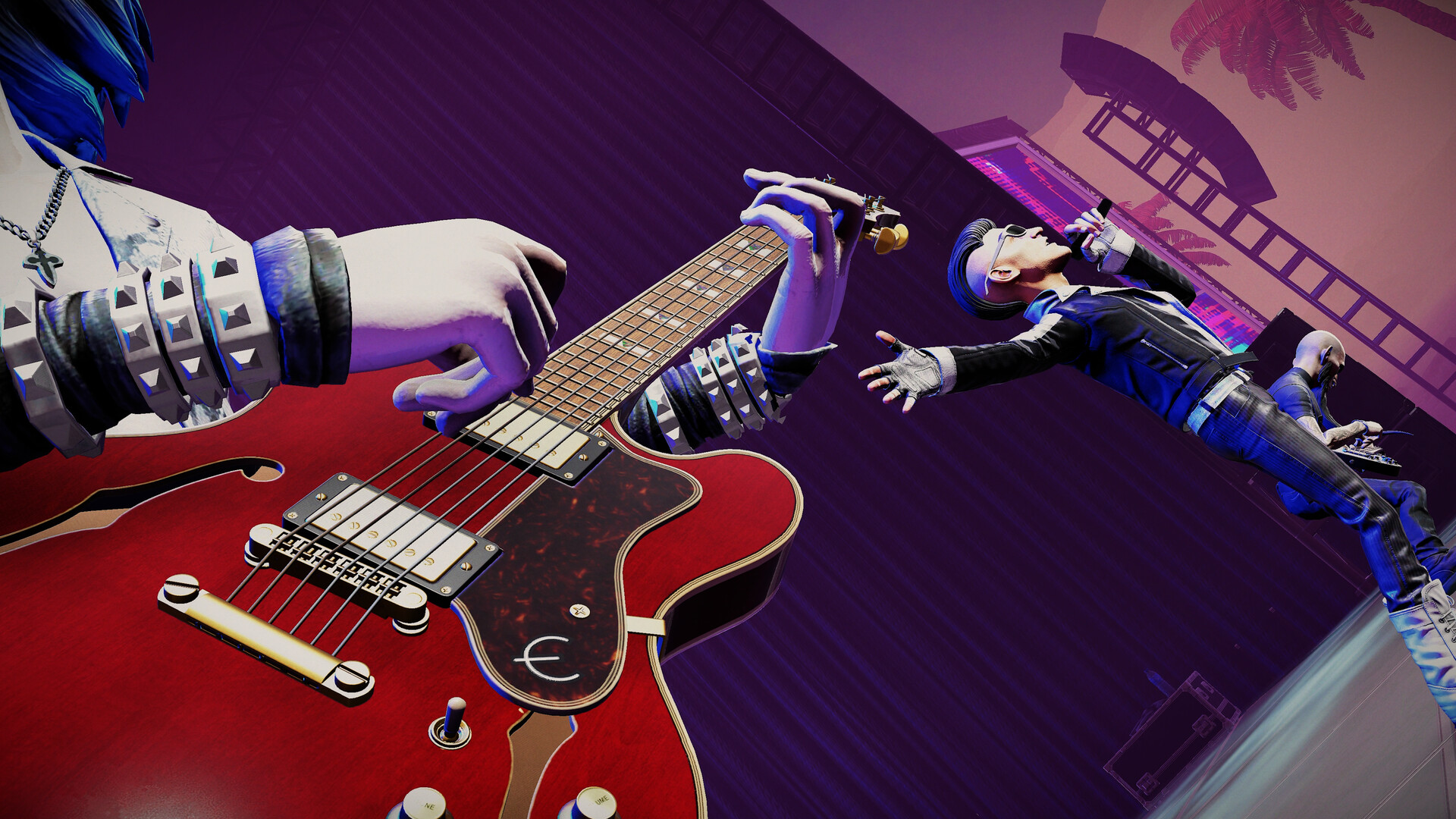Official Stage Tour screenshot of a performer playing a red Epiphone guitar on stage