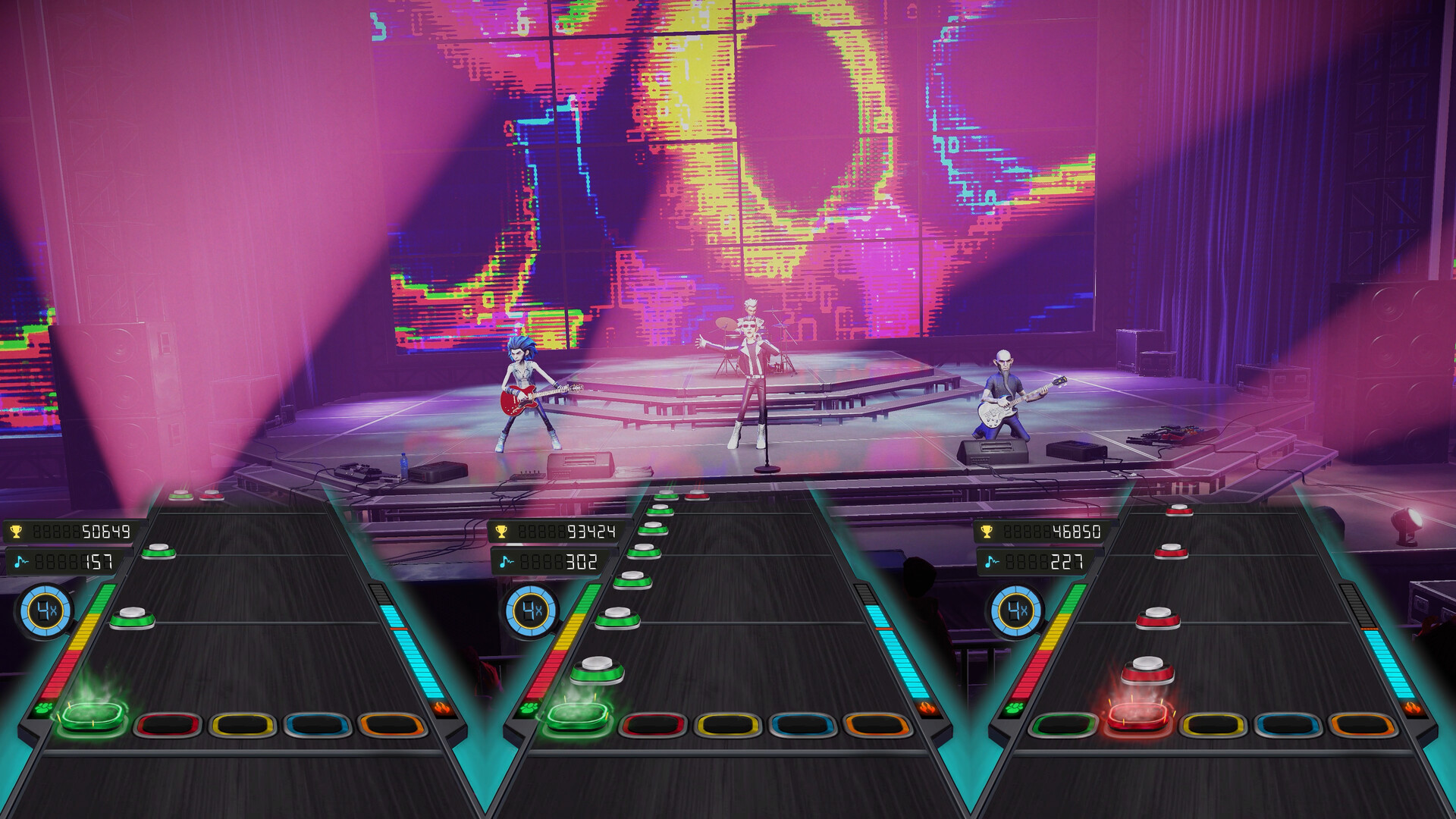 Official Stage Tour screenshot showing three multiplayer note highways on a concert stage