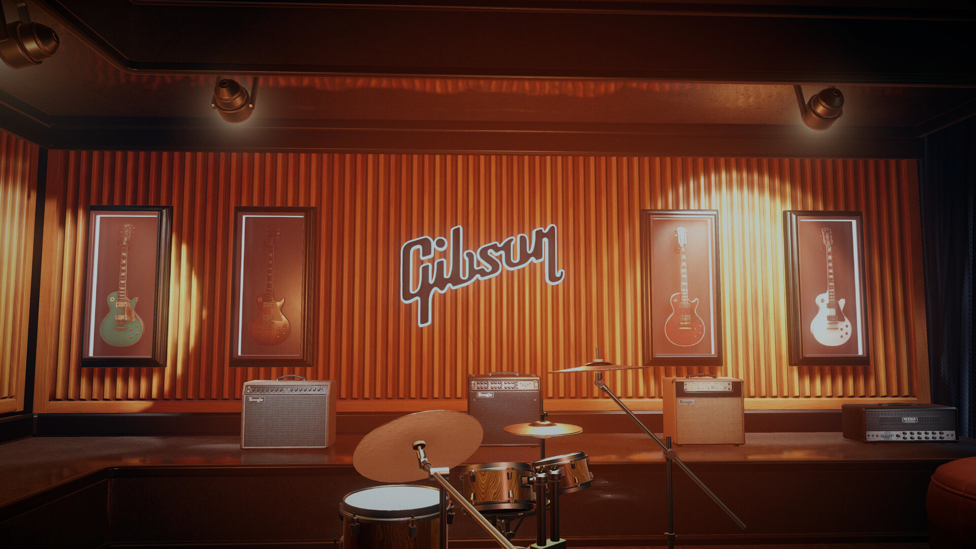 Official Stage Tour screenshot of the Gibson Garage with guitars and a drum kit on display