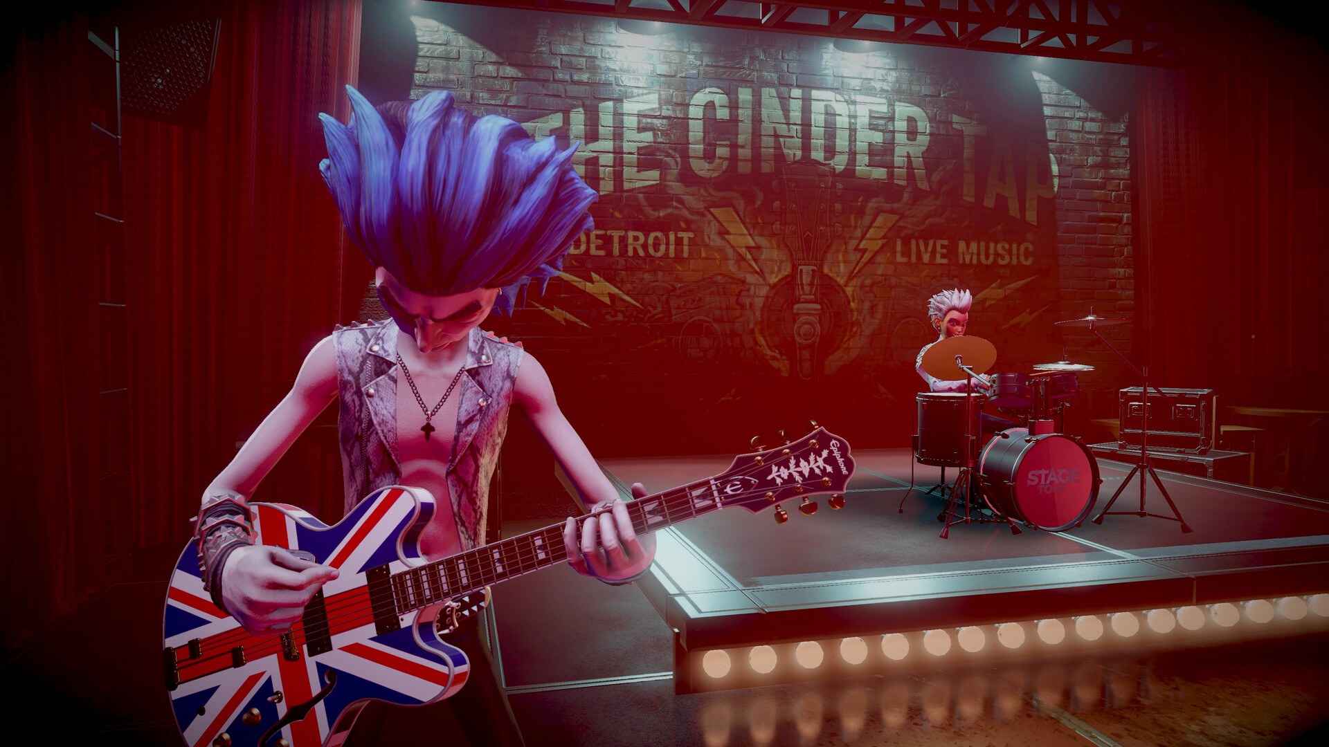 Official Stage Tour screenshot showing a guitarist performing with a drummer on a red-lit stage